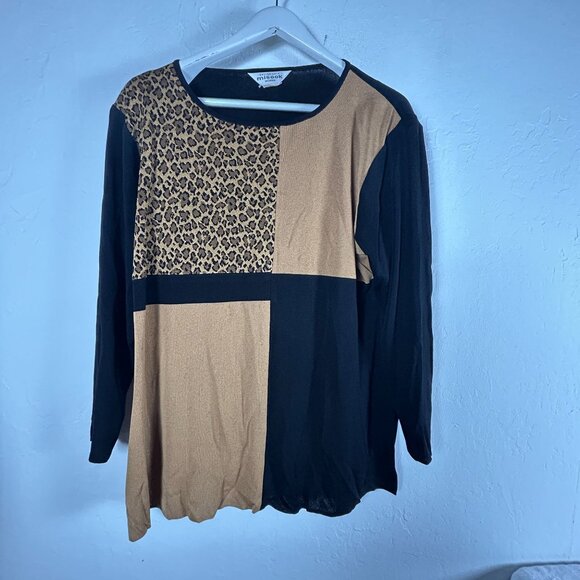 Exclusively Misook Womens Patchwork Leopard Black Long-Sleeve Knit Top Size 2X - Picture 1 of 6